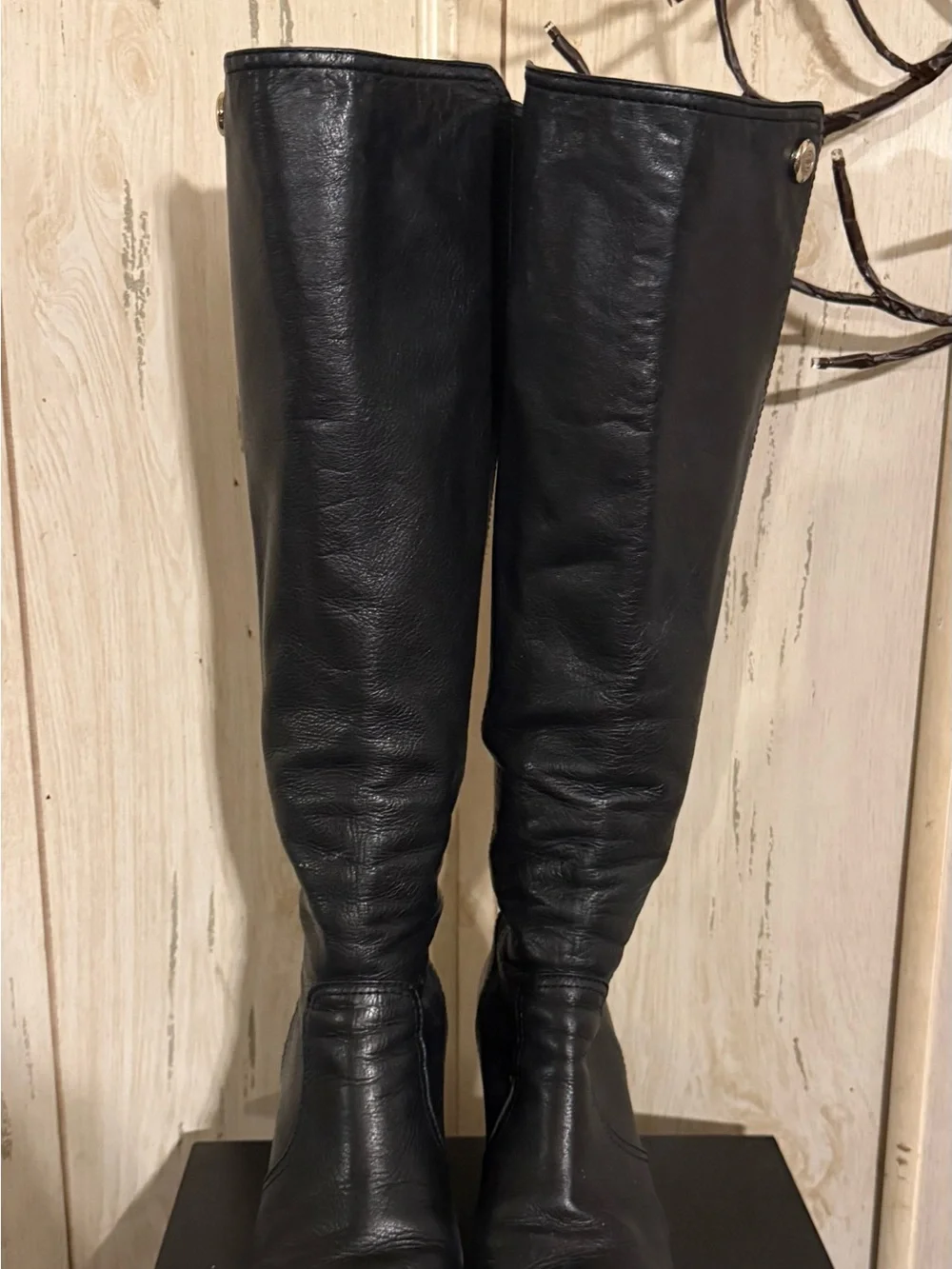 Tory Burch Black Leather Over-the-Knee Boots with Logo Button